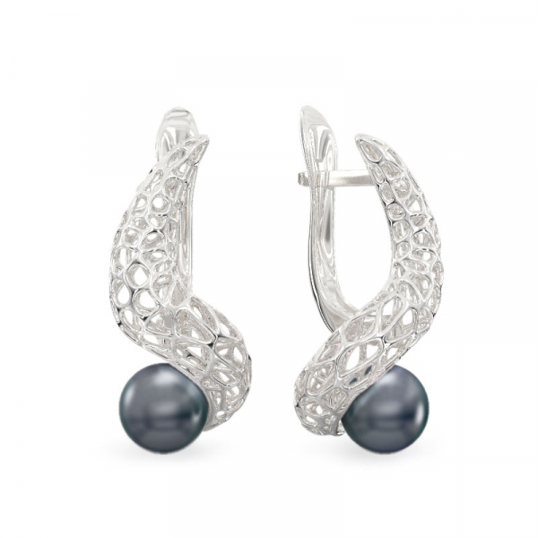 White Gold Earrings Snake with Pearl 