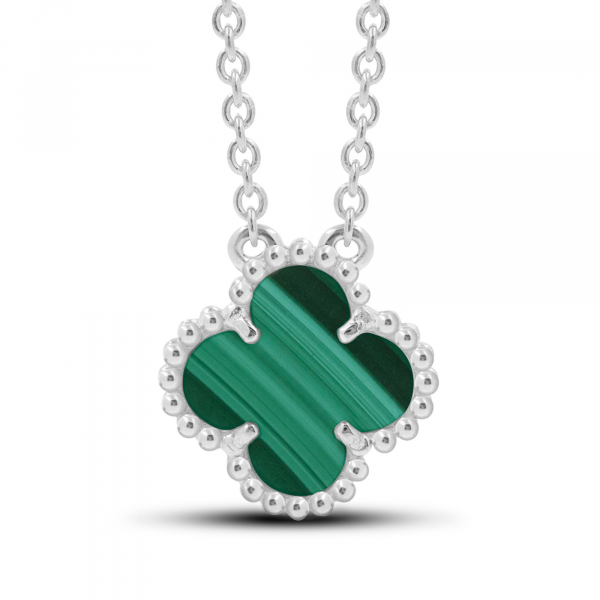 Silver Necklace Clover Mini With Malachite