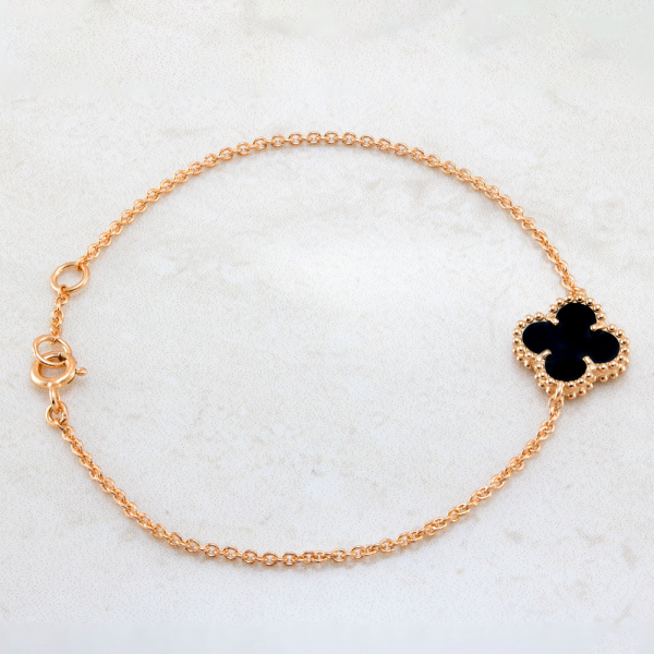 Gold Bracelet  Mini Clover With  Onyx